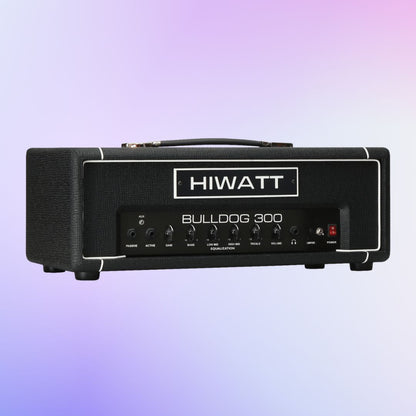 Angled front view of Hiwatt Bulldog 300 Bass Amplifier Head on purple gradient background