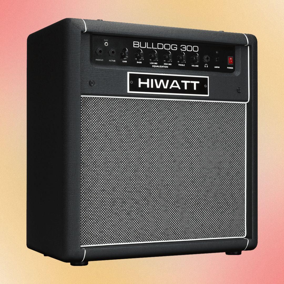 Angled front view of Hiwatt Bulldog 300 Combo Bass Amplifier on orange and red gradient background