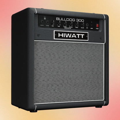 Angled front view of Hiwatt Bulldog 300 Combo Bass Amplifier on orange and red gradient background