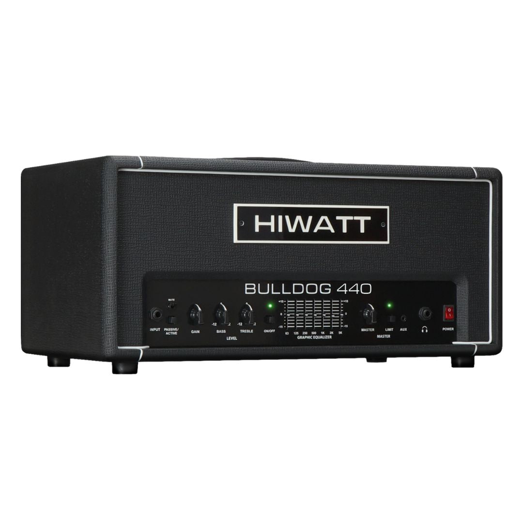 Angled front view of Hiwatt Bulldog 440 Bass Amplifier Head on white background