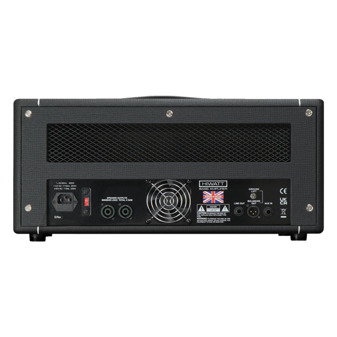 Rear view of Hiwatt Bulldog 440 Bass Amplifier Head on white background