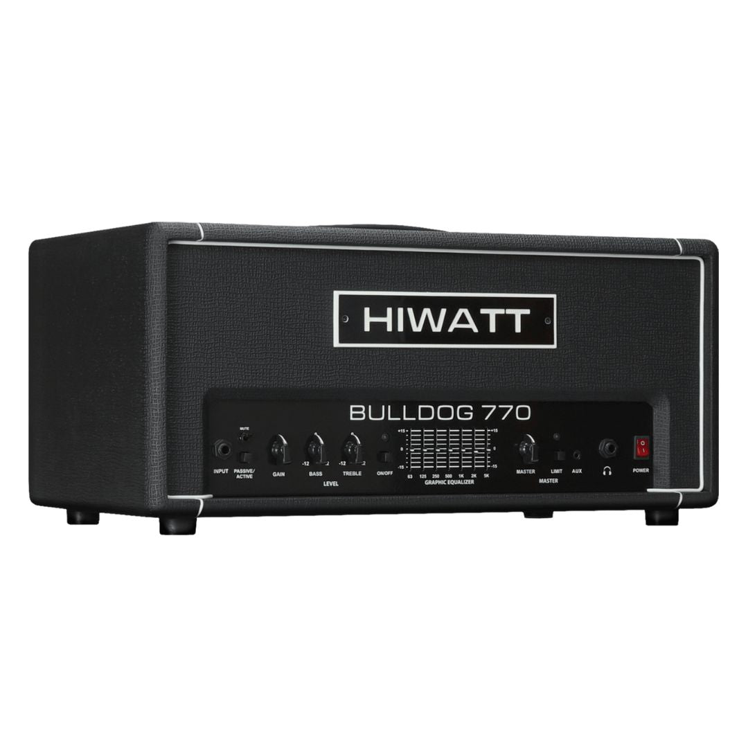 Angled front view of Hiwatt Bulldog 770 Bass Amplifier Head on white background
