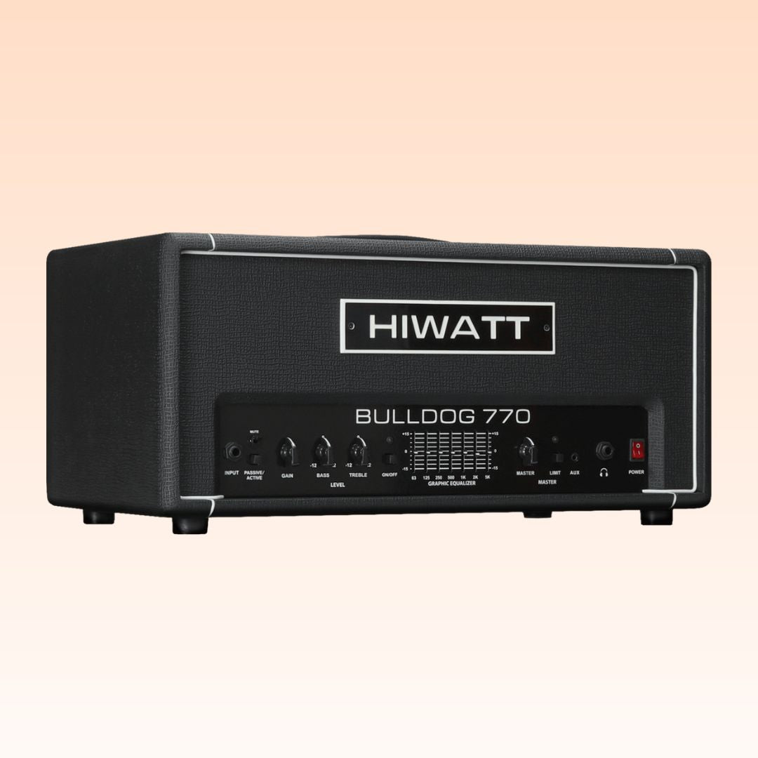 Angled front view of Hiwatt Bulldog 770 Bass Amplifier Head on orange background