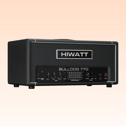 Angled front view of Hiwatt Bulldog 770 Bass Amplifier Head on orange background