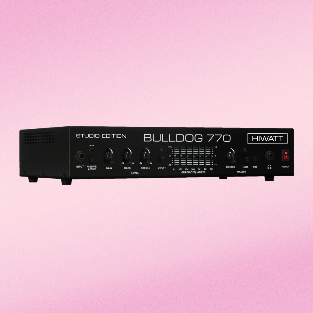 Angled front view of Hiwatt Bulldog 770 Studio Bass Amplifier Head on pink background