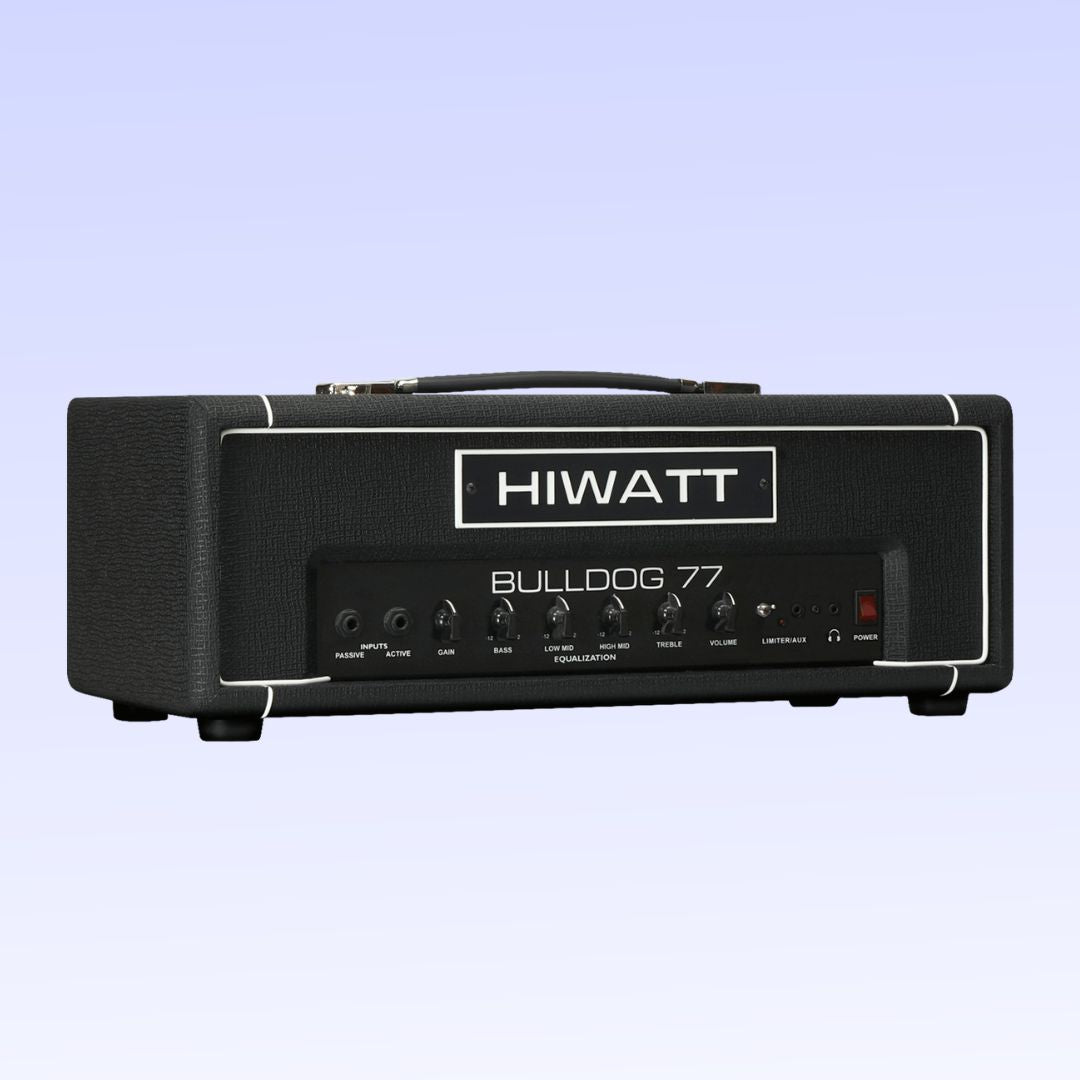 Angled front view of Hiwatt Bulldog 77 Bass Amplifier Head on purple background