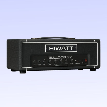 Angled front view of Hiwatt Bulldog 77 Bass Amplifier Head on purple background