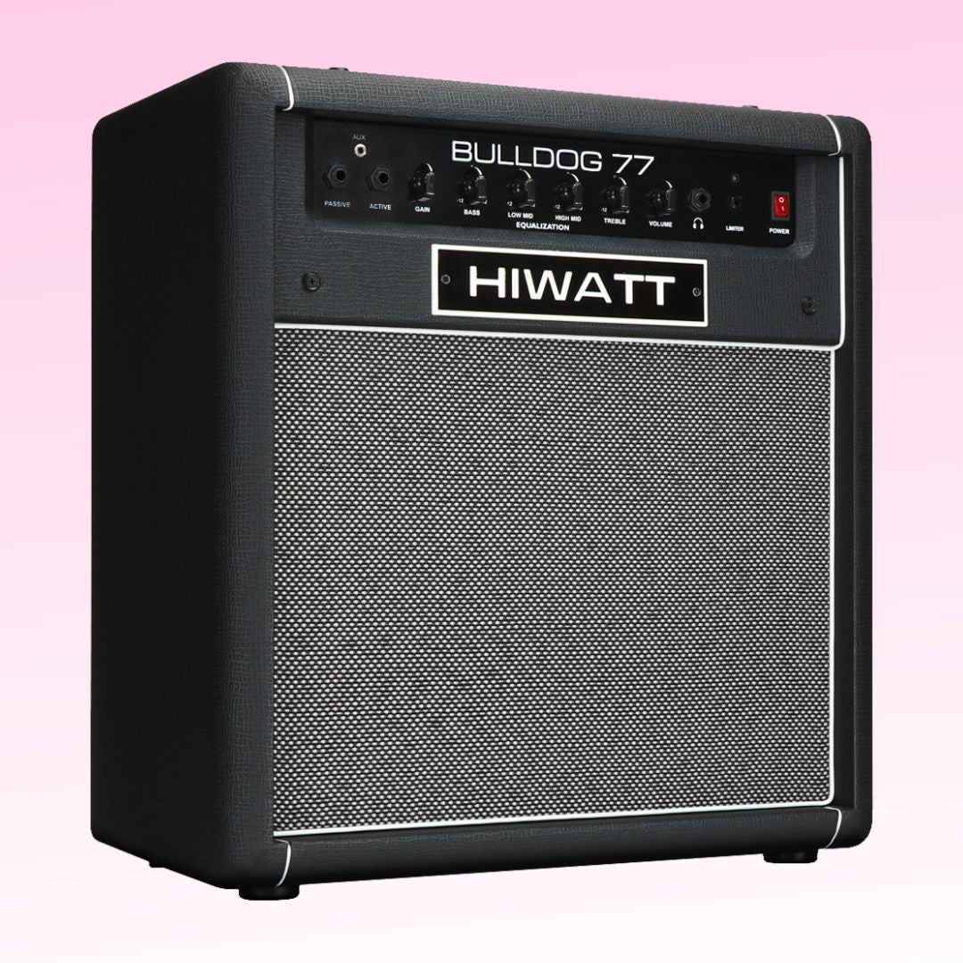 Angled front view of Hiwatt Bulldog 77 Combo Bass Amplifier on pink background