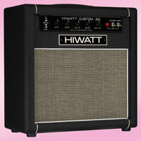 Angled view of Hiwatt Custom 20 Combo 1×12 Custom Guitar Amplifier on pink background