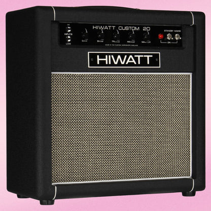 Angled view of Hiwatt Custom 20 Combo 1×12 Custom Guitar Amplifier on pink background