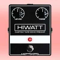 Front view of Hiwatt Custom Motto Oto Boost Pedal on pink background