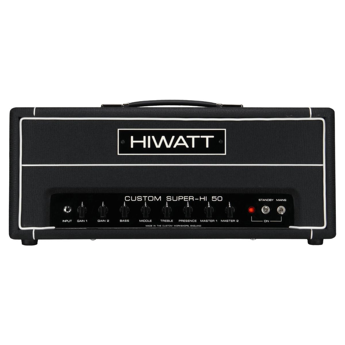 Front view of Hiwatt Custom Super-Hi 50 Guitar Amplifier Head on white background