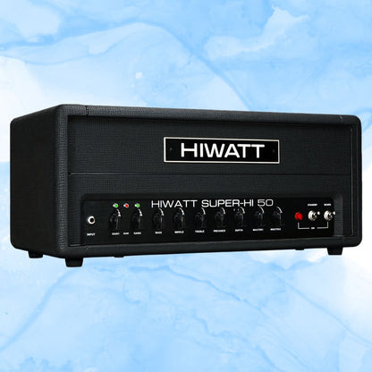 Angled front view of Hiwatt Custom Super-Hi 50 Guitar Amplifier Head on blue background