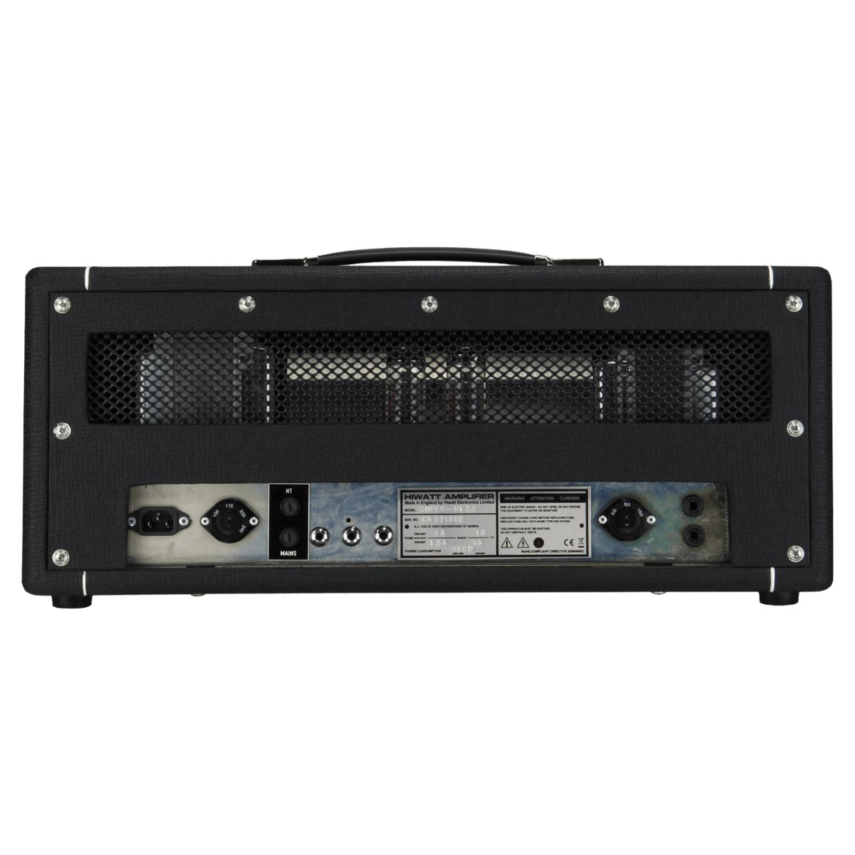 Rear ports view of Hiwatt Custom Super-Hi 50 Guitar Amplifier Head on white background