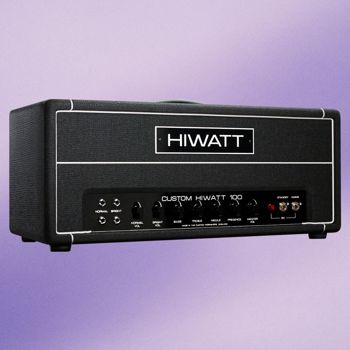 Angled front view of Hiwatt DR103 Custom Guitar Amplifier Head on purple background