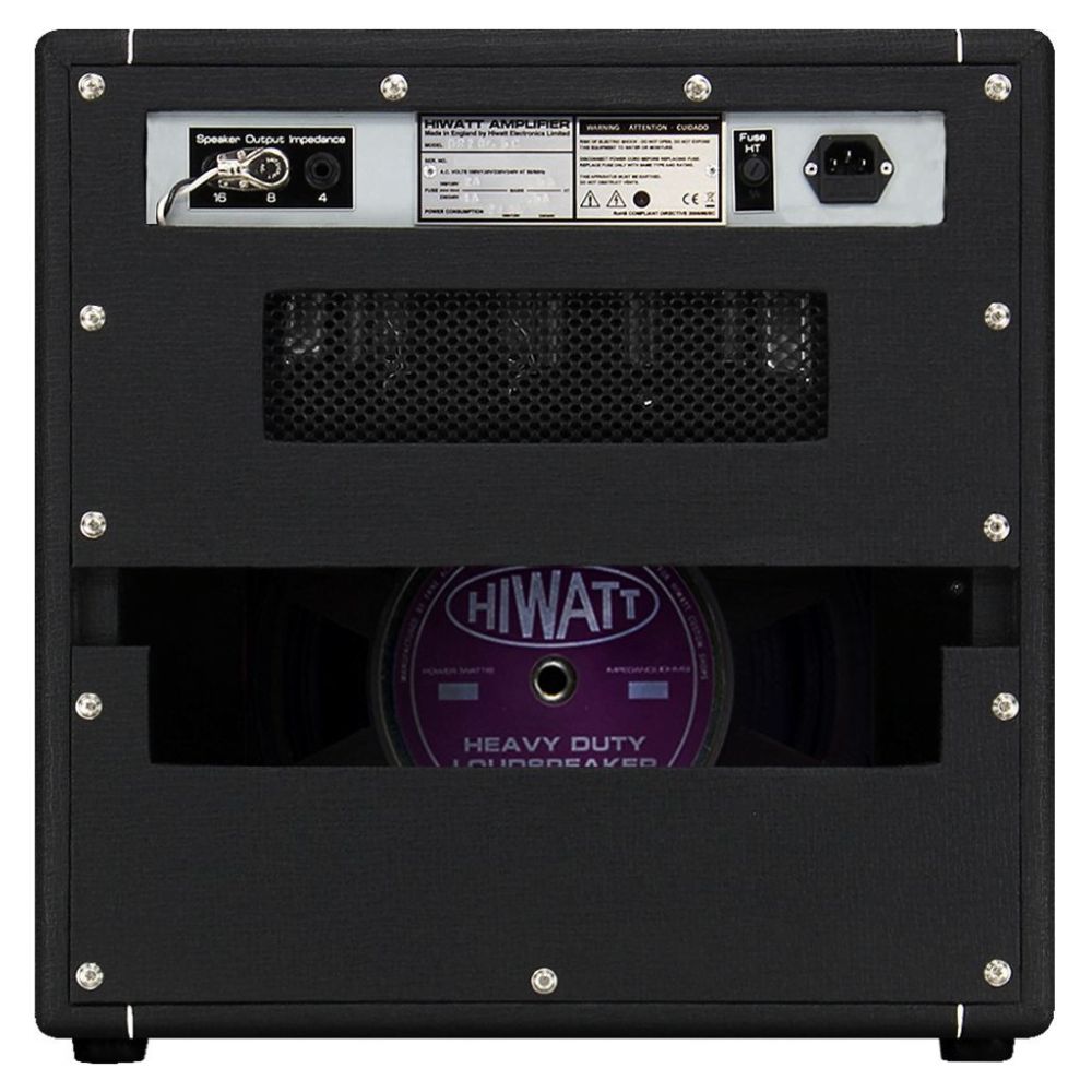 Rear view of Hiwatt DR20/0.5 The Little Rig Combo 1×12 Custom Guitar Amplifier with Fane Purpleback speaker on white background