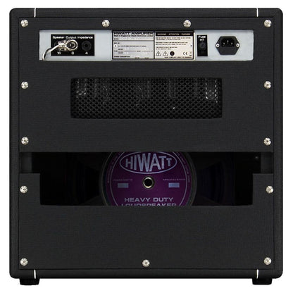Rear view of Hiwatt DR20/0.5 The Little Rig Combo 1×12 Custom Guitar Amplifier with Fane Purpleback speaker on white background