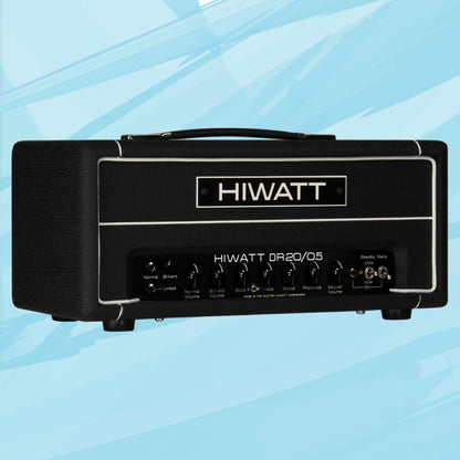 Angled view of Hiwatt DR20/0.5 The Little Rig Custom Guitar Amplifier Head on blue background