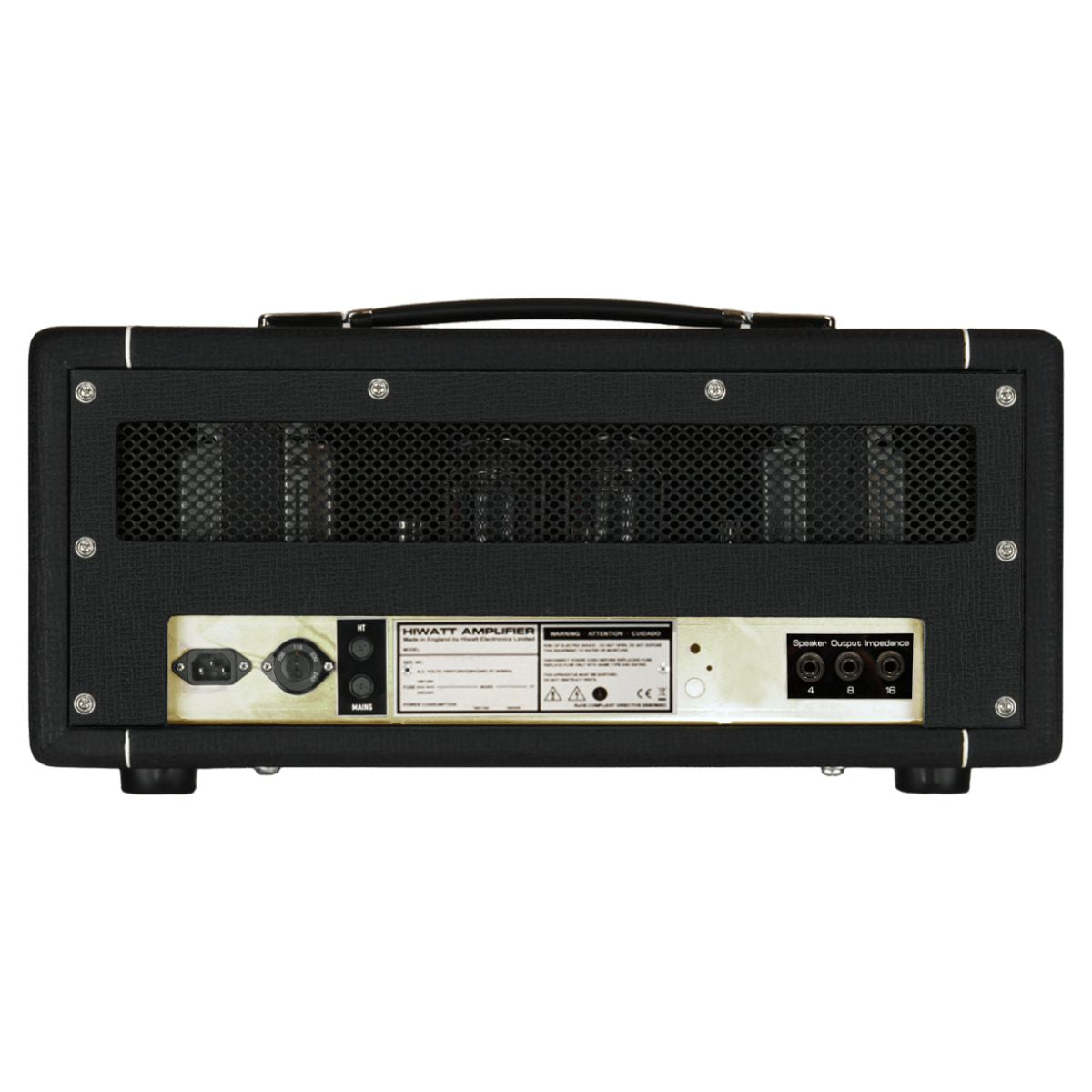 Rear ports view of Hiwatt DR20/0.5 The Little Rig Custom Guitar Amplifier Head on white background