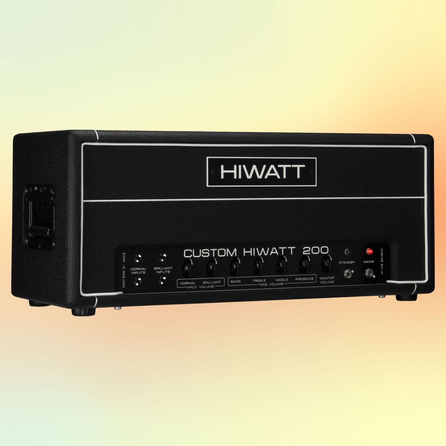 Angled view of Hiwatt DR201 Head Custom Guitar Amplifier Head on yellow and orange gradient background