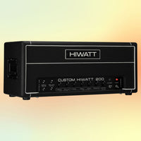 Angled view of Hiwatt DR201 Head Custom Guitar Amplifier Head on yellow and orange gradient background