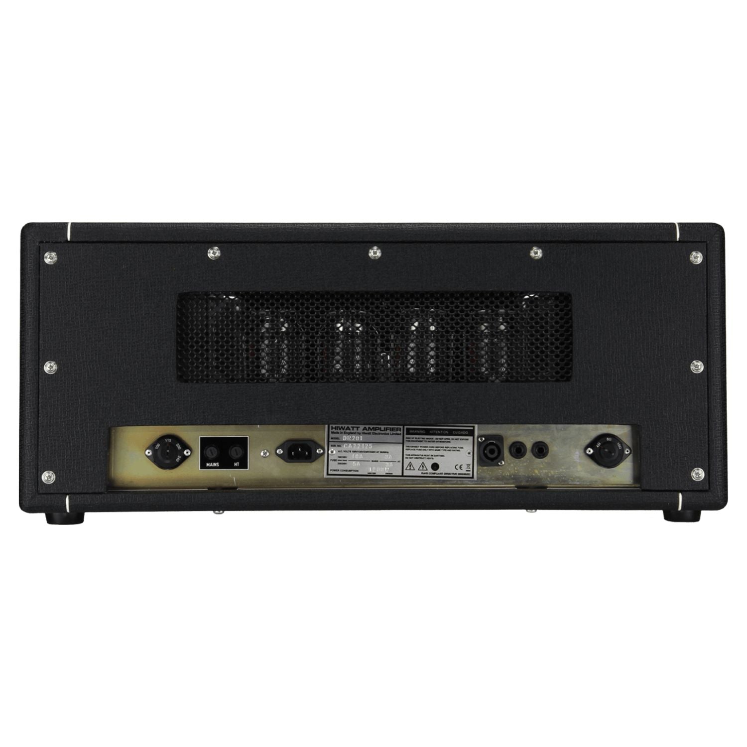 Rear ports view of Hiwatt DR201 Head Custom Guitar Amplifier Head on white background