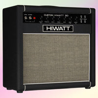 Angled view of Hiwatt DR504 Combo 1×12 Custom Guitar Amplifier on pink and yellow gradient background