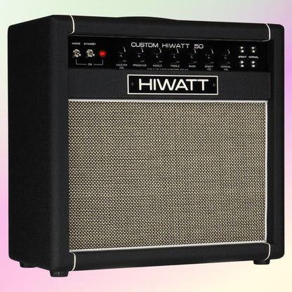 Angled view of Hiwatt DR504 Combo 1×12 Custom Guitar Amplifier on pink and yellow gradient background