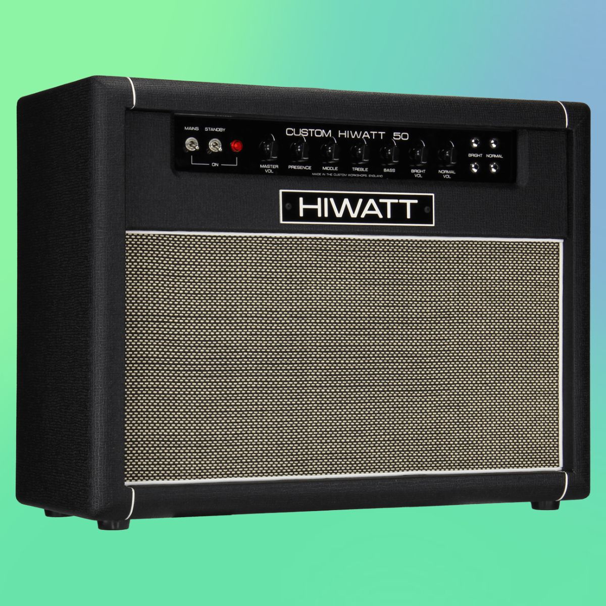 Angled view of Hiwatt DR504 Combo 2×12 Custom Guitar Amplifier on green and blue gradient background
