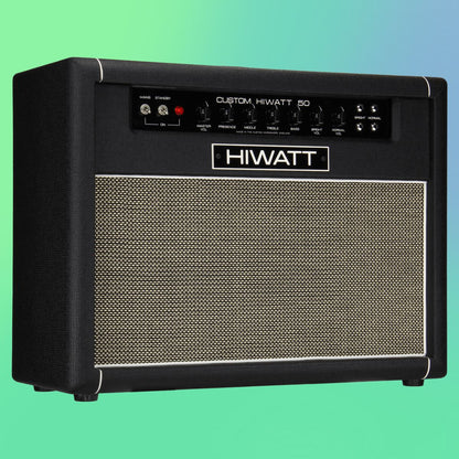 Angled view of Hiwatt DR504 Combo 2×12 Custom Guitar Amplifier on green and blue gradient background