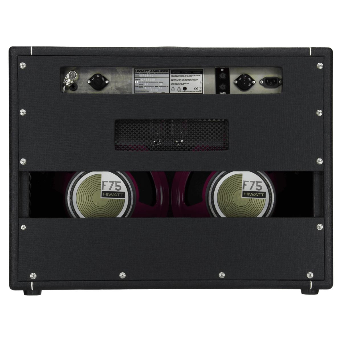 Rear view of Hiwatt DR504 Combo 2×12 Custom Guitar Amplifier on white background