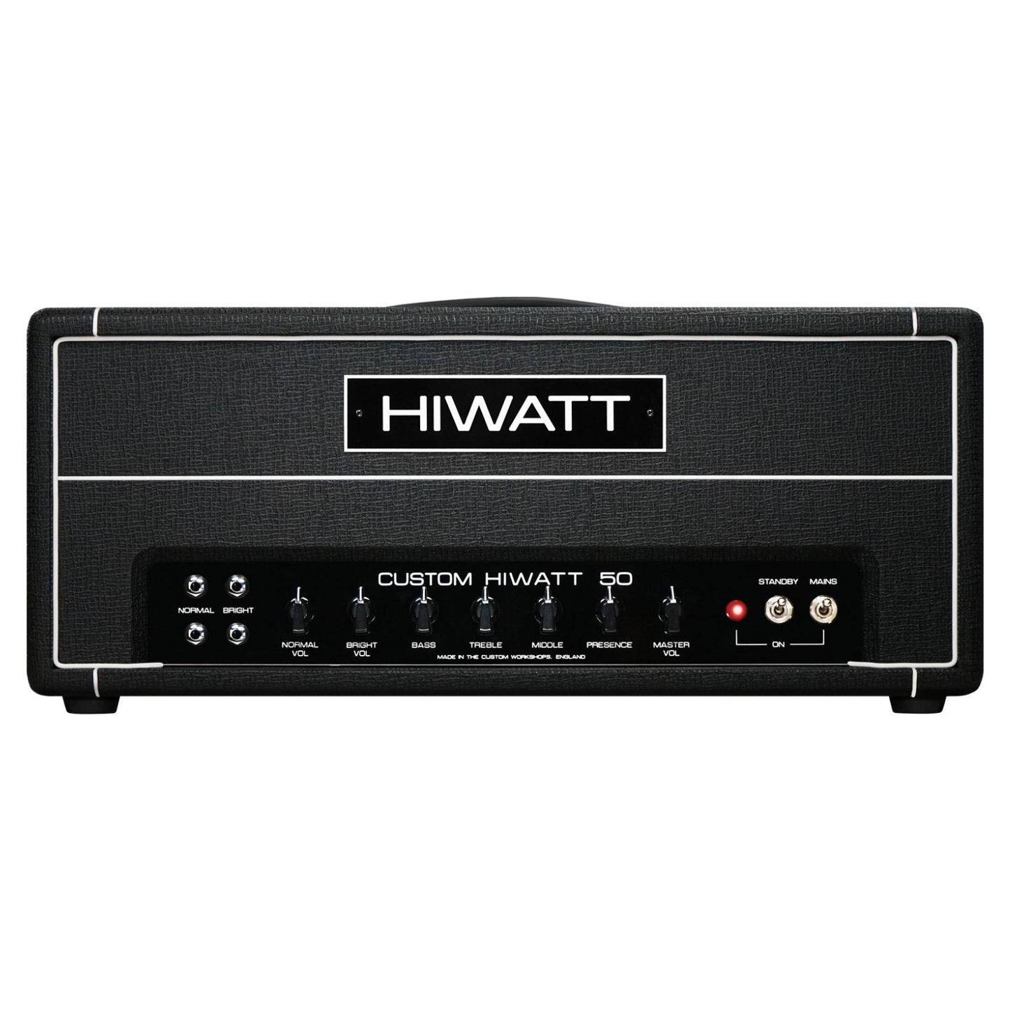 Front view of Hiwatt DR504 Custom Guitar Amplifier Head on white background