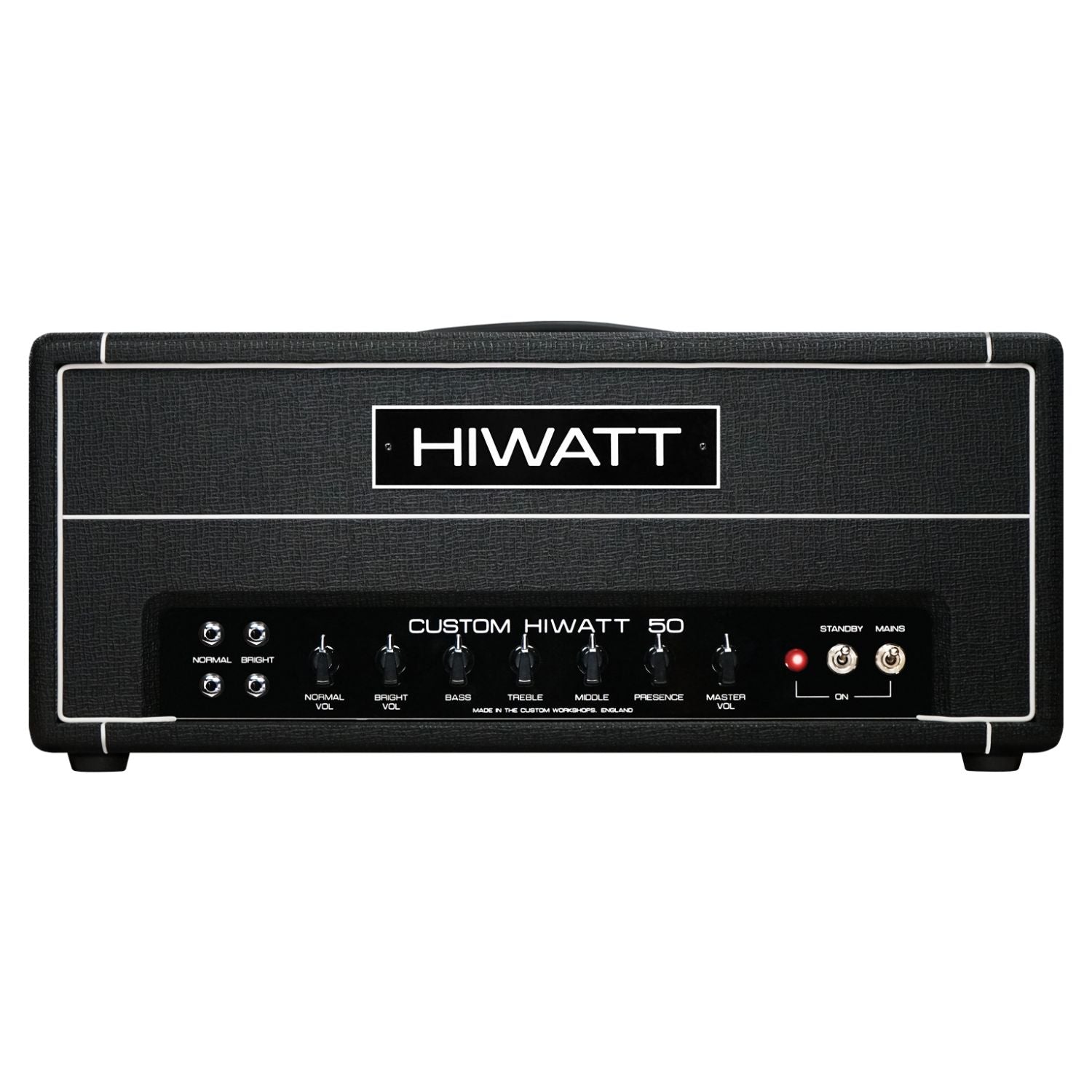 Front view of Hiwatt DR504 Custom Guitar Amplifier Head on white background