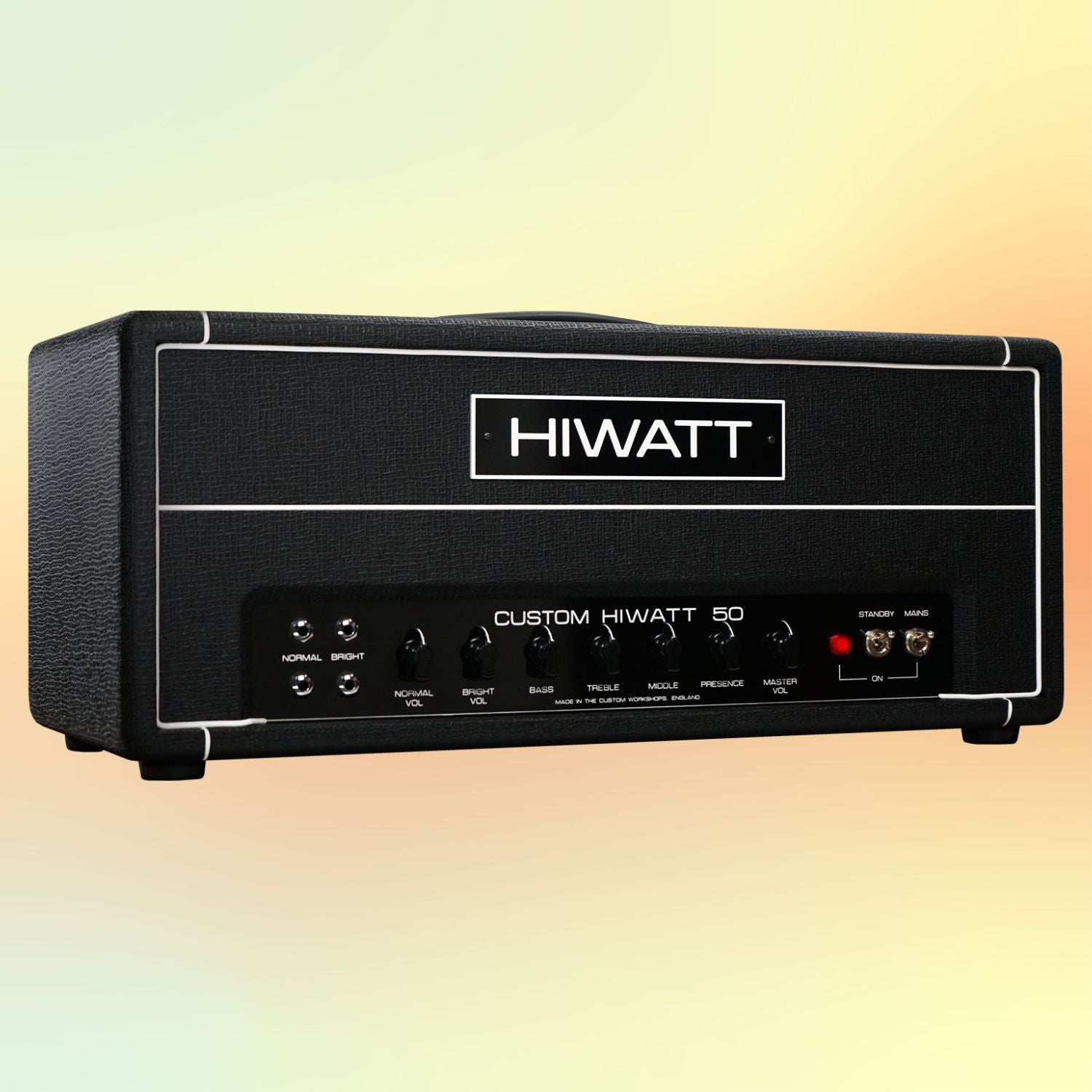 Angled view of Hiwatt DR504 Custom Guitar Amplifier Head on yellow and orange gradient background
