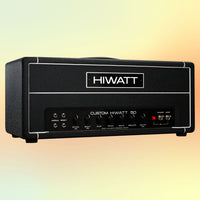 Angled view of Hiwatt DR504 Custom Guitar Amplifier Head on yellow and orange gradient background