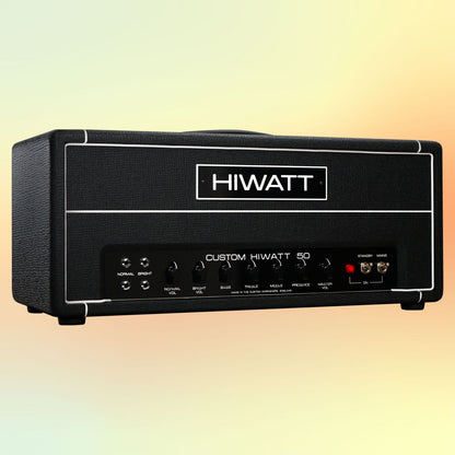 Angled view of Hiwatt DR504 Custom Guitar Amplifier Head on yellow and orange gradient background