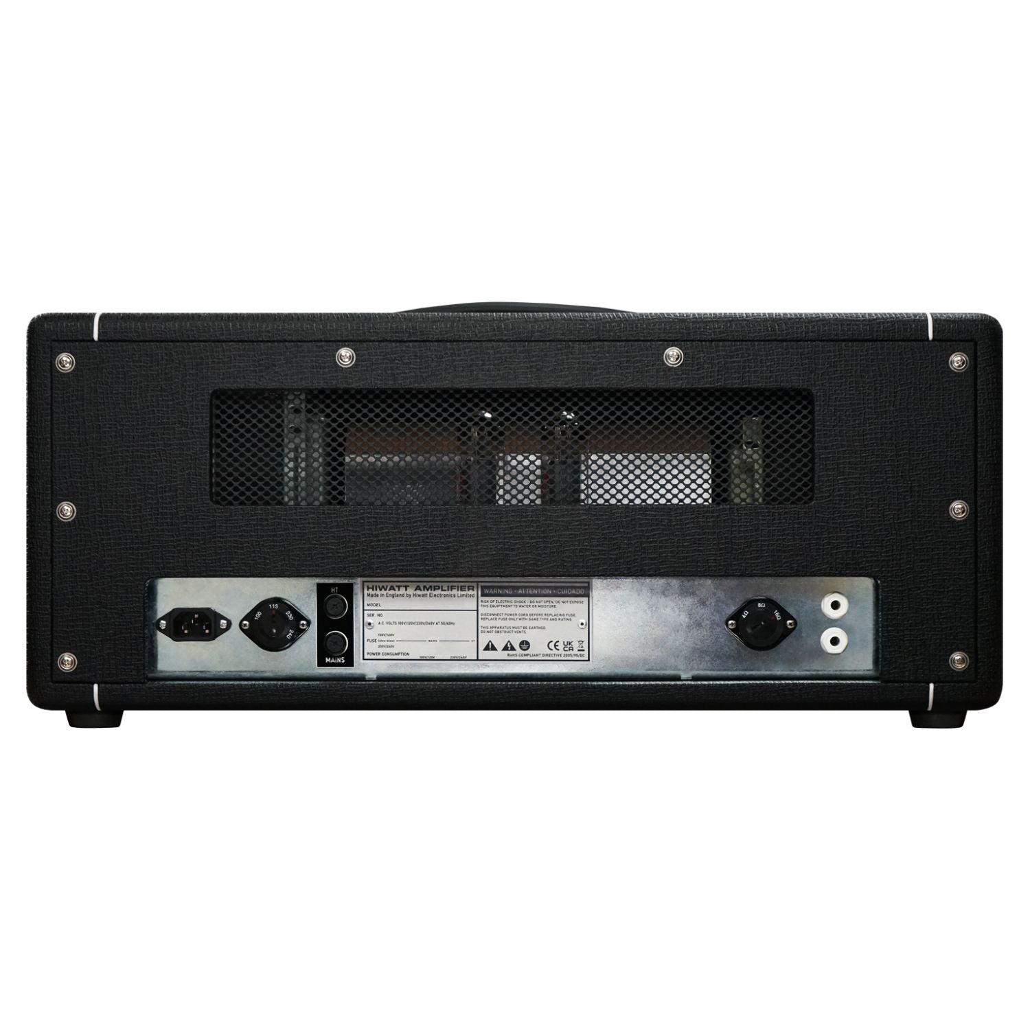 Rear ports view of Hiwatt DR504 Custom Guitar Amplifier Head on white background
