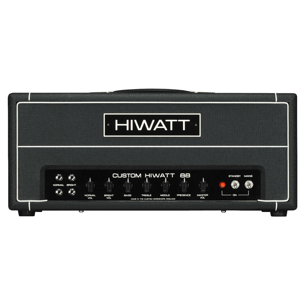 Front view of Hiwatt DR88 Custom Guitar Amplifier Head on white background