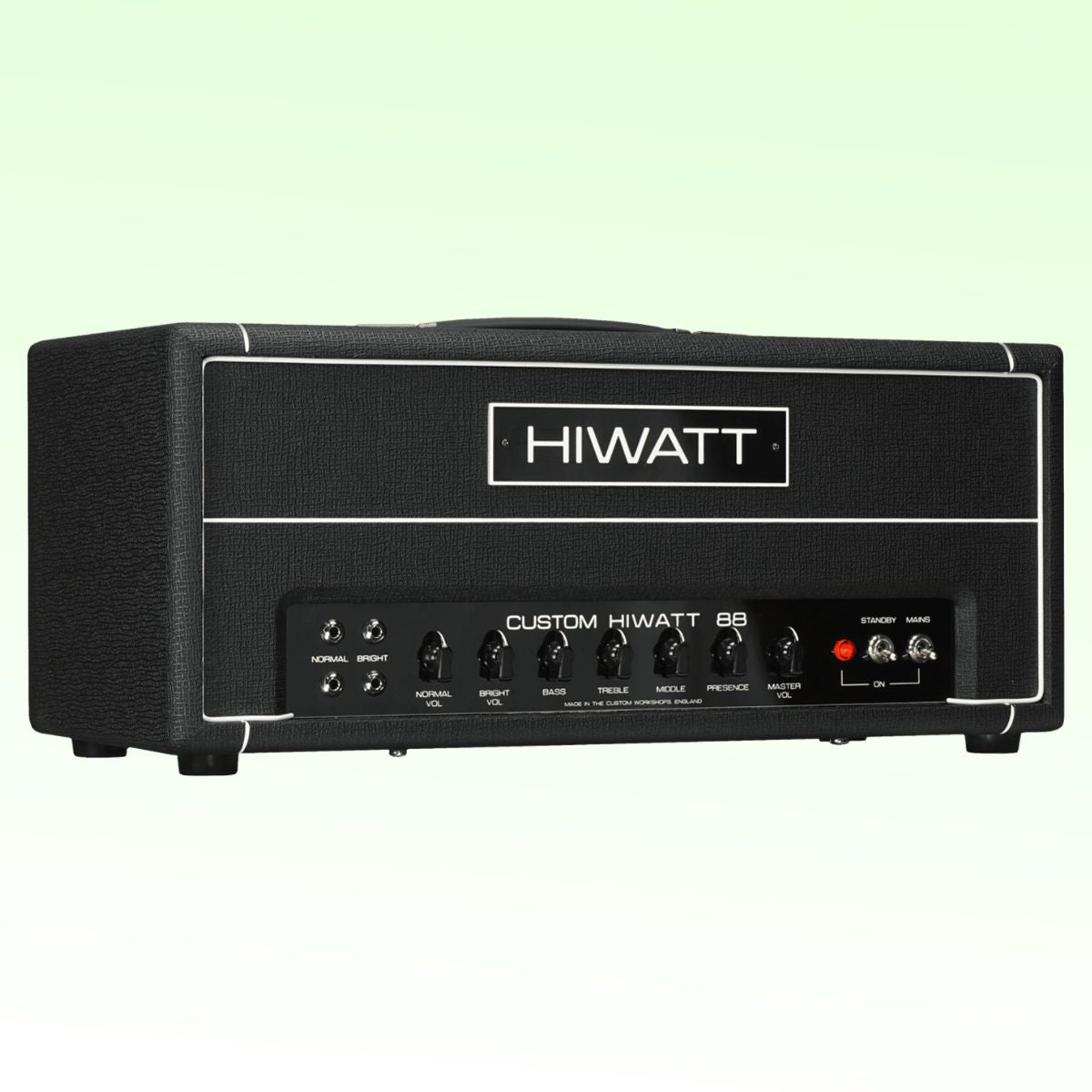 Angled view of Hiwatt DR88 Custom Guitar Amplifier Head on green background
