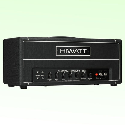 Angled view of Hiwatt DR88 Custom Guitar Amplifier Head on green background