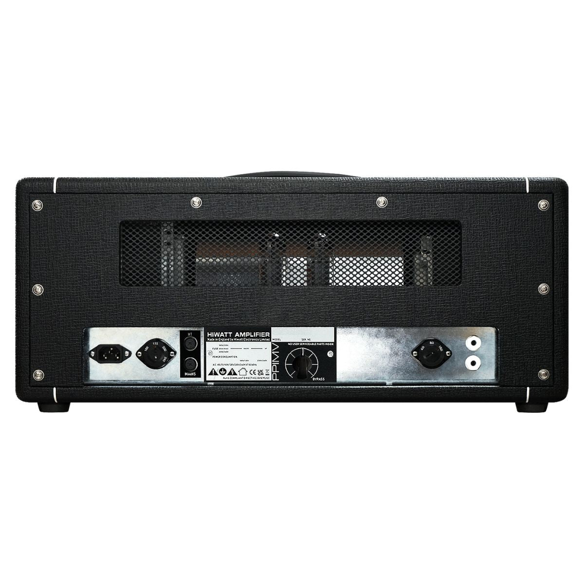 Rear ports view of Hiwatt DR88 Custom Guitar Amplifier Head on white background