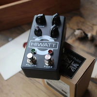 Angled view of Hiwatt Filter Fuzz MKII Pedal on top of its box on table