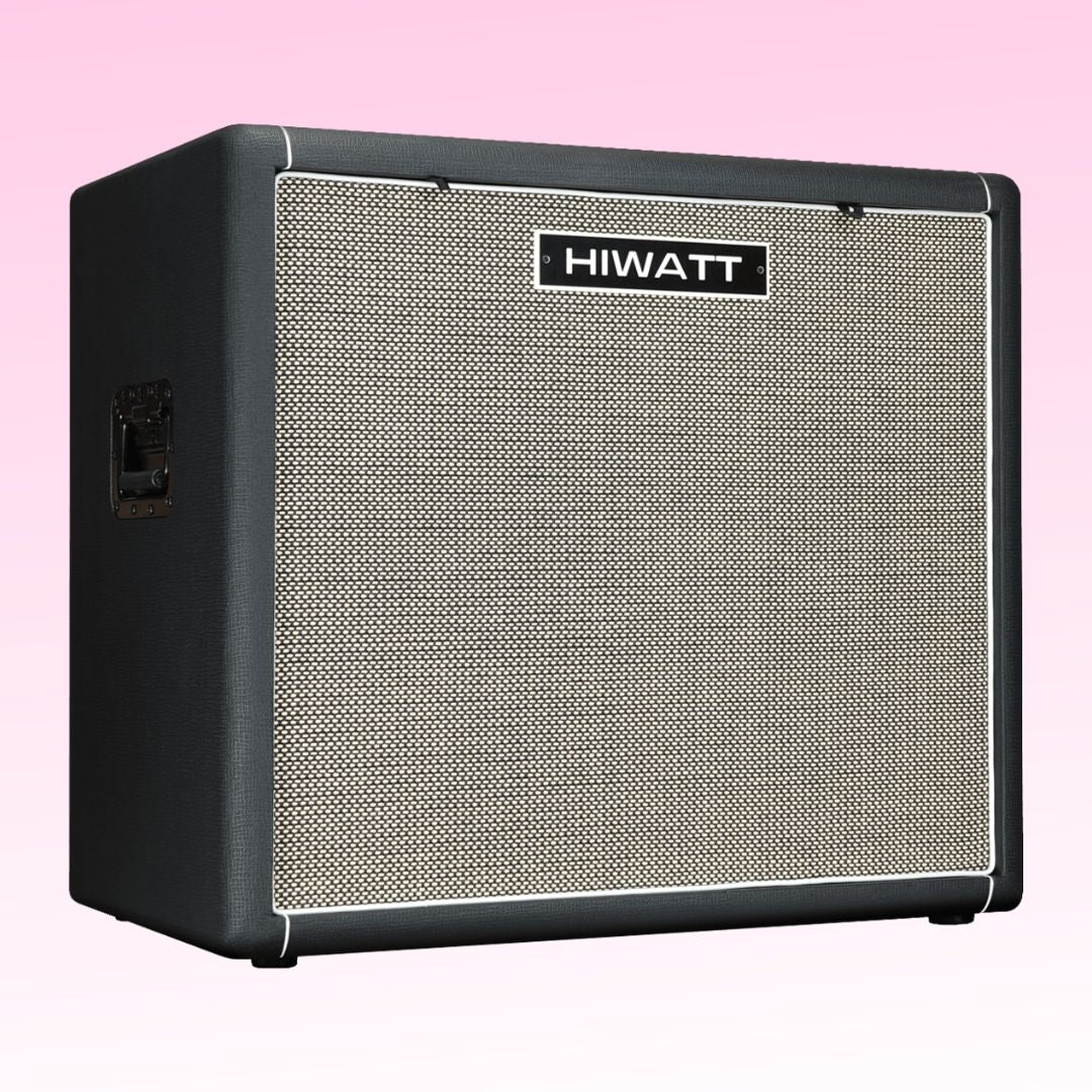 Angled front view of Hiwatt HB115HN Bass Speaker Cabinet on pink background
