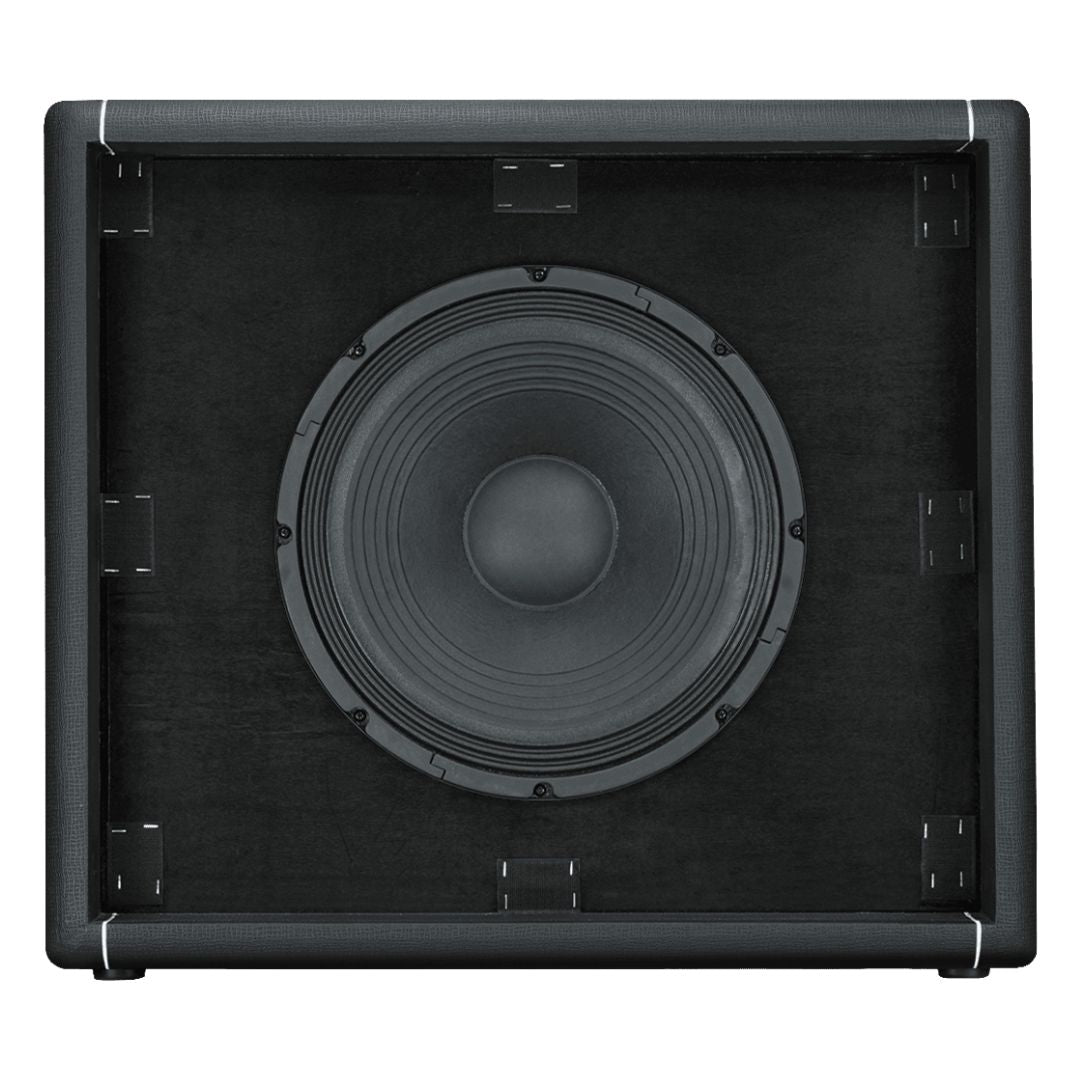Front view of Hiwatt HB115HN Bass Speaker Cabinet with speaker exposed on white background