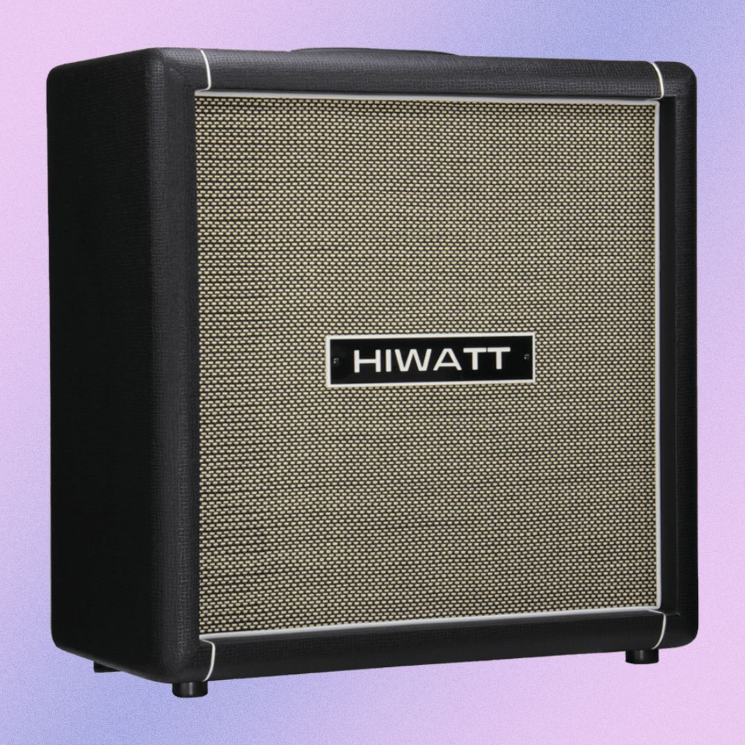 Angled front view of Hiwatt HG112 Speaker Cabinet on purple background