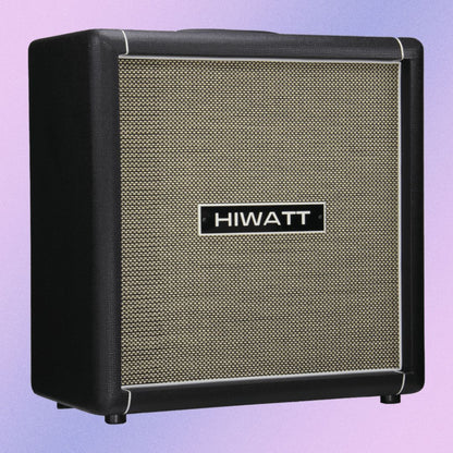 Angled front view of Hiwatt HG112 Speaker Cabinet on purple background