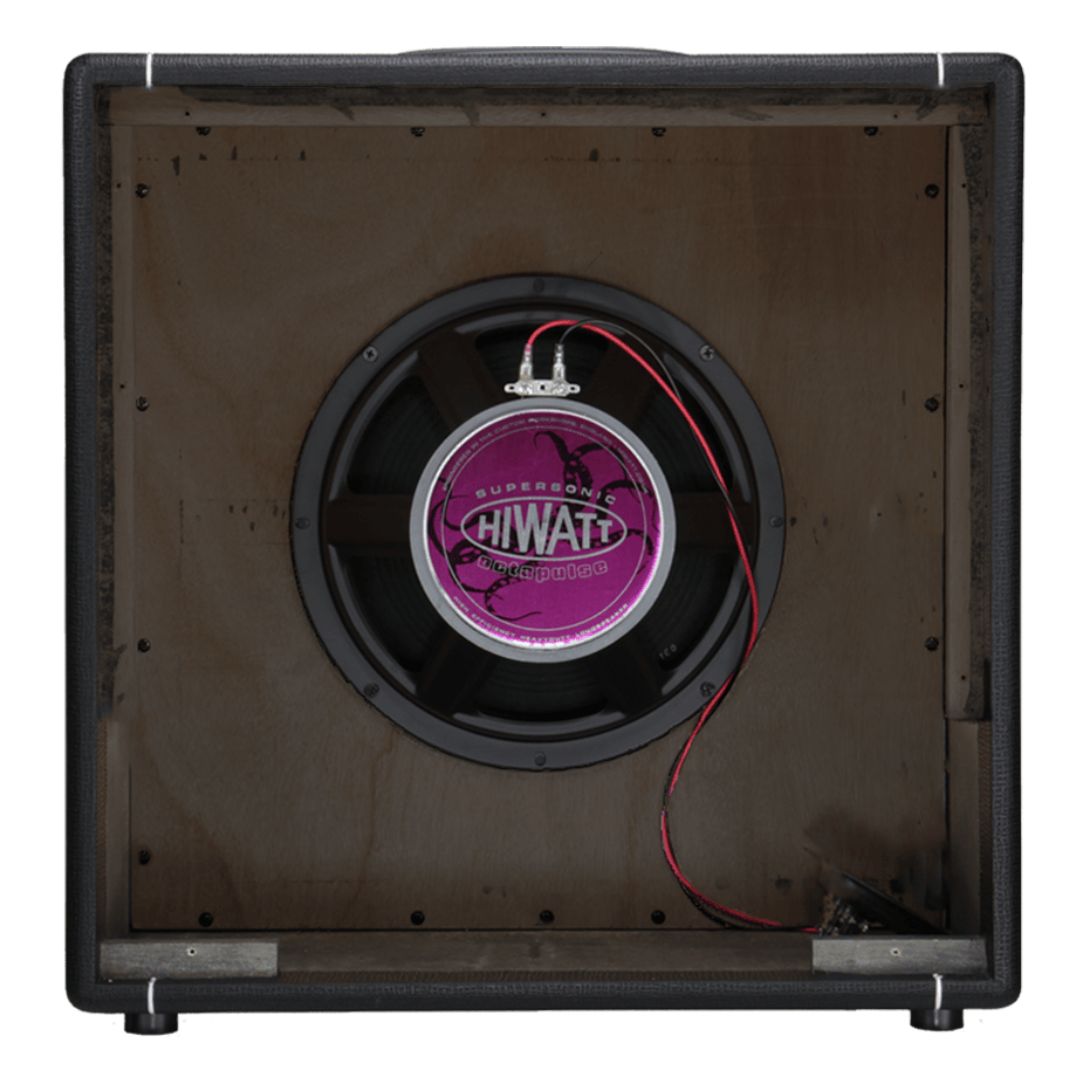 Rear view of Hiwatt HG112 Speaker Cabinet showing speaker in white background