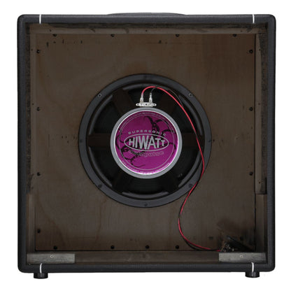Rear view of Hiwatt HG112 Speaker Cabinet showing speaker in white background