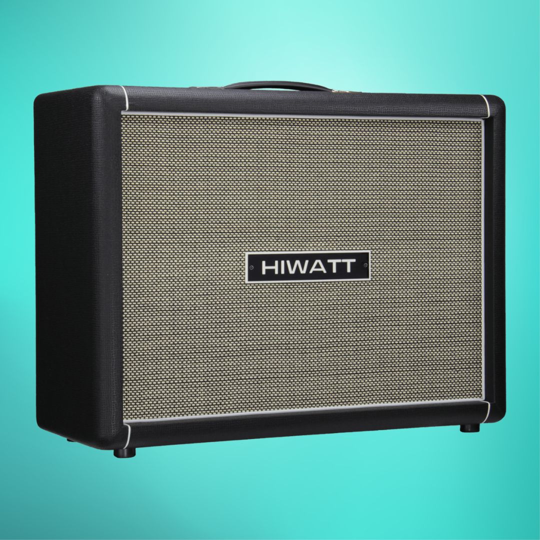 Angled front view of Hiwatt HG212 Speaker Cabinet on aqua background