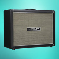 Angled front view of Hiwatt HG212 Speaker Cabinet on aqua background